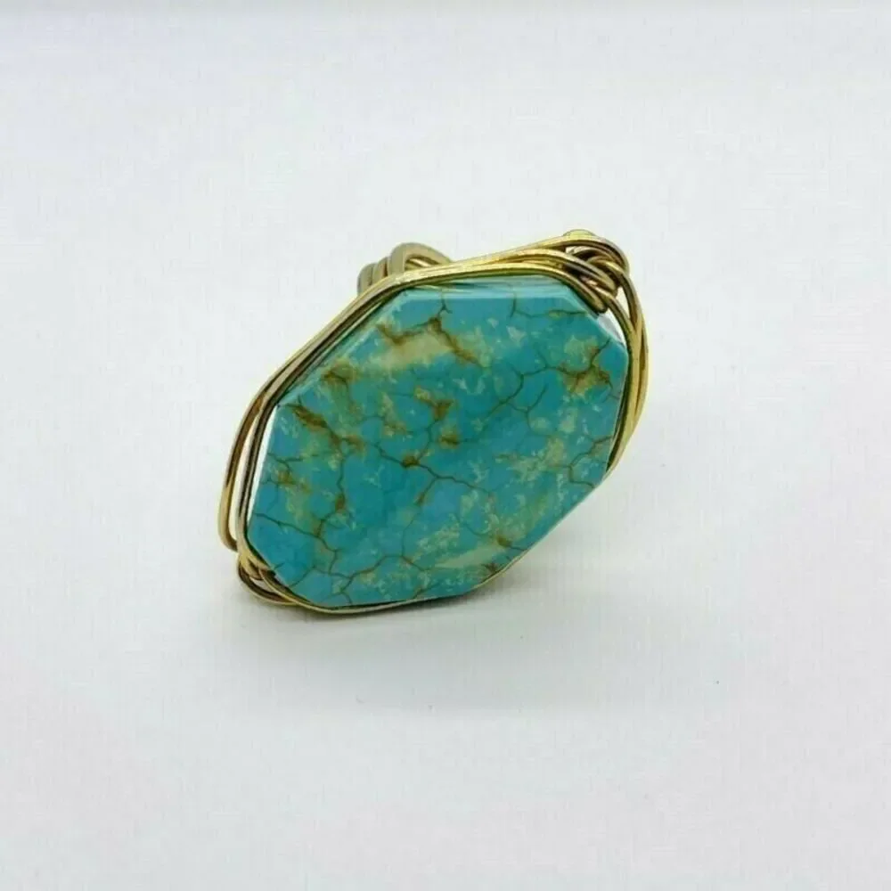 Los Angeles Boutique Gold Wire Wrapped Faux Turquoise Stone Ring Boho Festival
